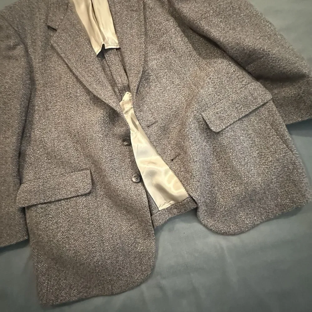 Vintage 80s Kingsridge Tweed Blazer Mens 44 Herringbone Wool Sport Coat Made USA